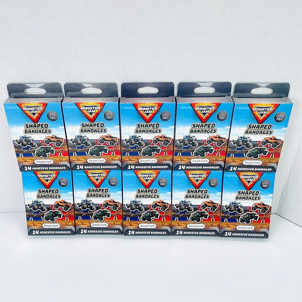 10 Pack MONSTER JAM Shaped Adhesive Bandages Bandaids 14 Per Box BRAND NEW